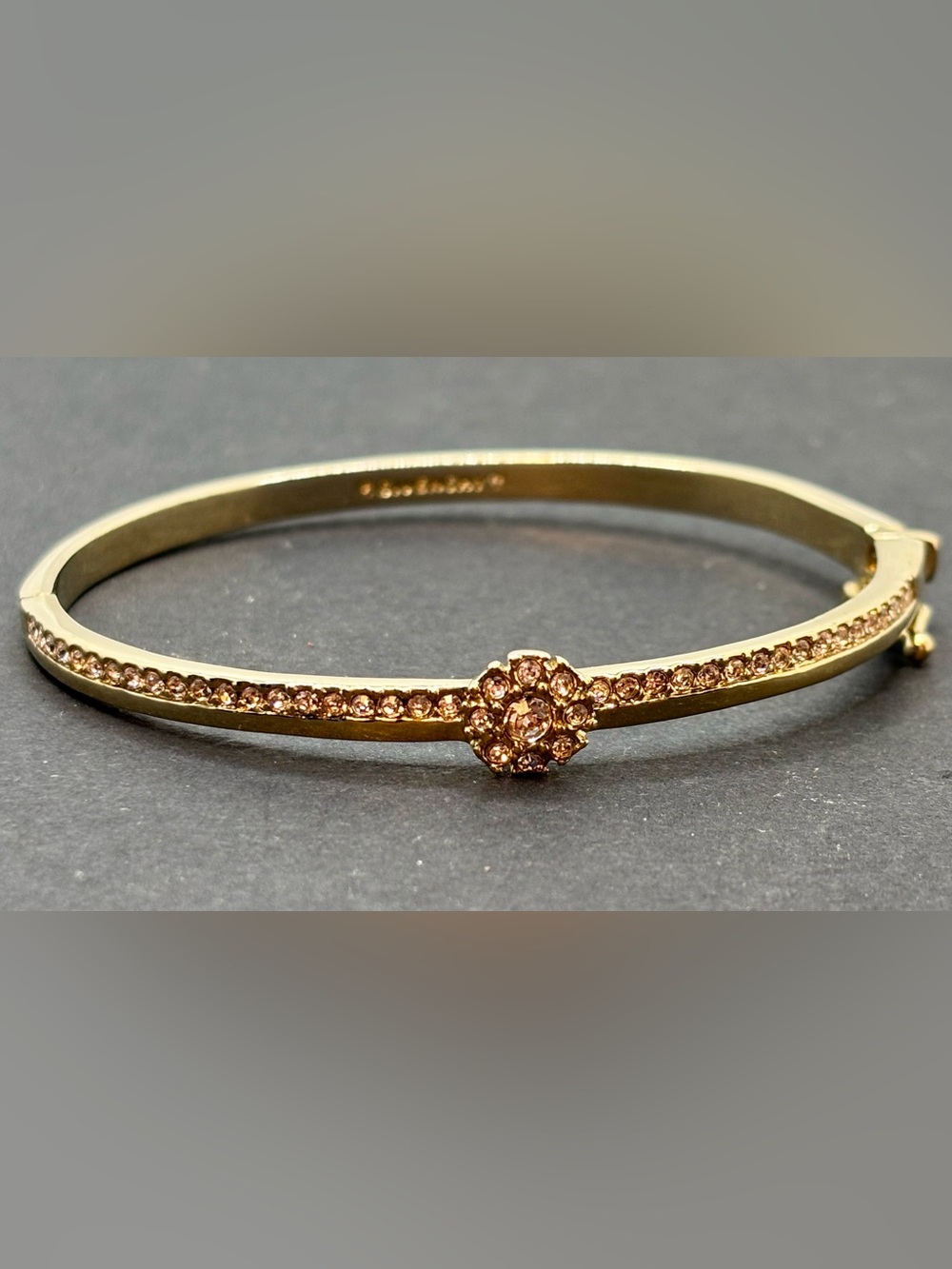 Givenchy Crystal Flower Hinged Bangle Gold Tone Rhinestone Fashion Bracelet 2.25